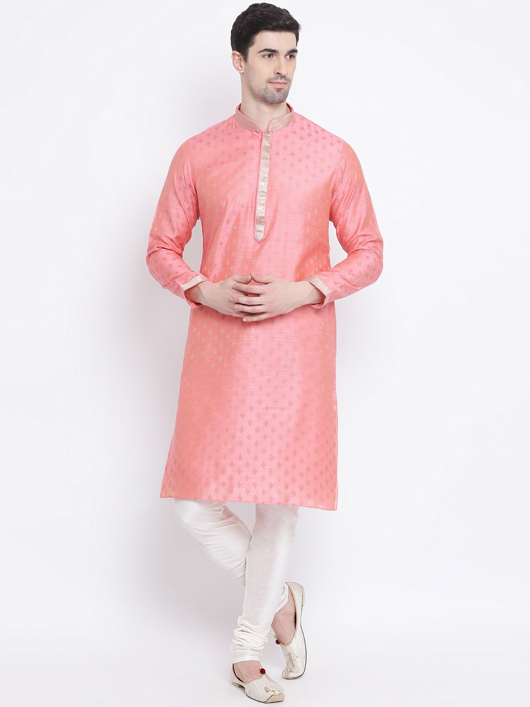 Sanwara  Men Pink & Gold-Coloured Self Design Kurta with Churidar