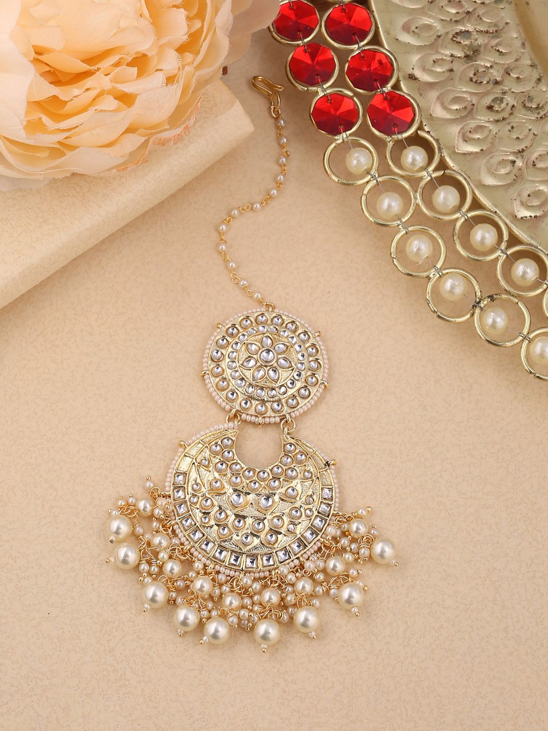 Shoshaa Gold-Plated & White Kundan-Studded Pearl-Beaded Handcrafted Maang Tikka