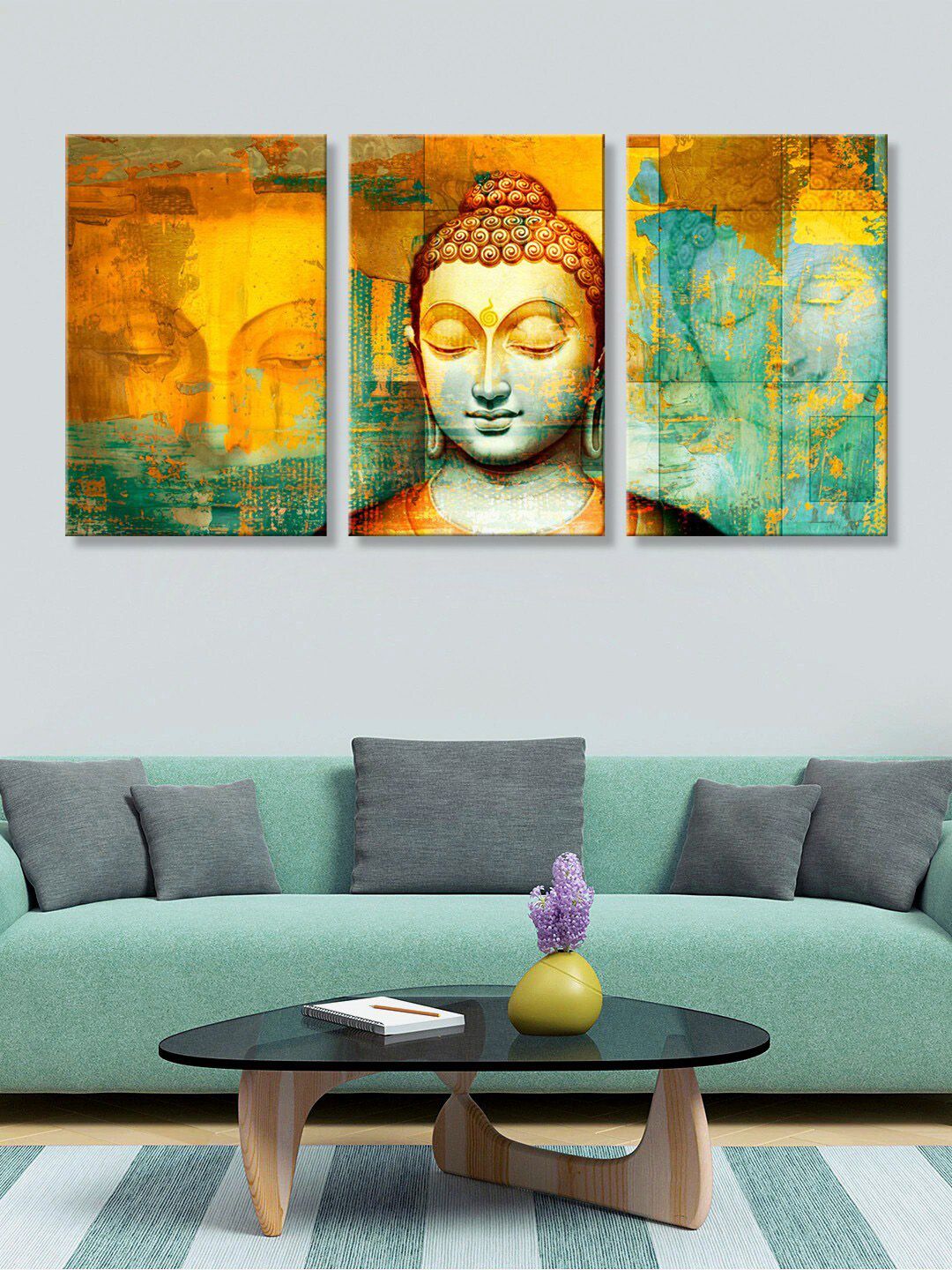 999Store Set of 3 Yellow & Sea Green Lord Buddha Faces HD Canvas Wall Paintings