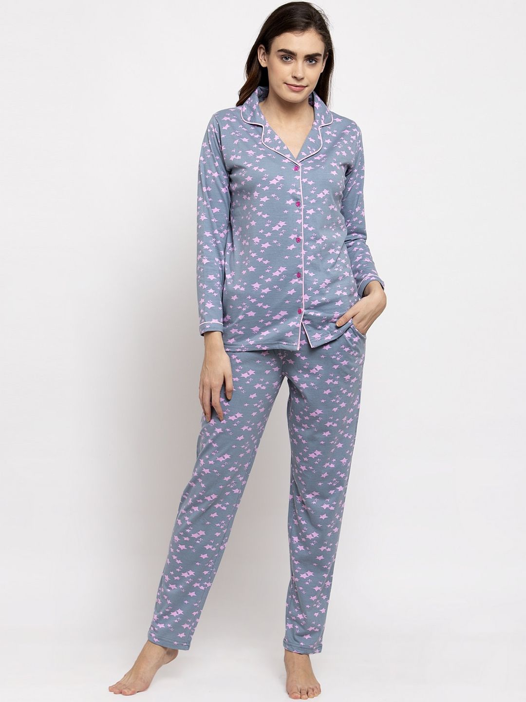 Claura Women Grey & Pink Printed Night Suit