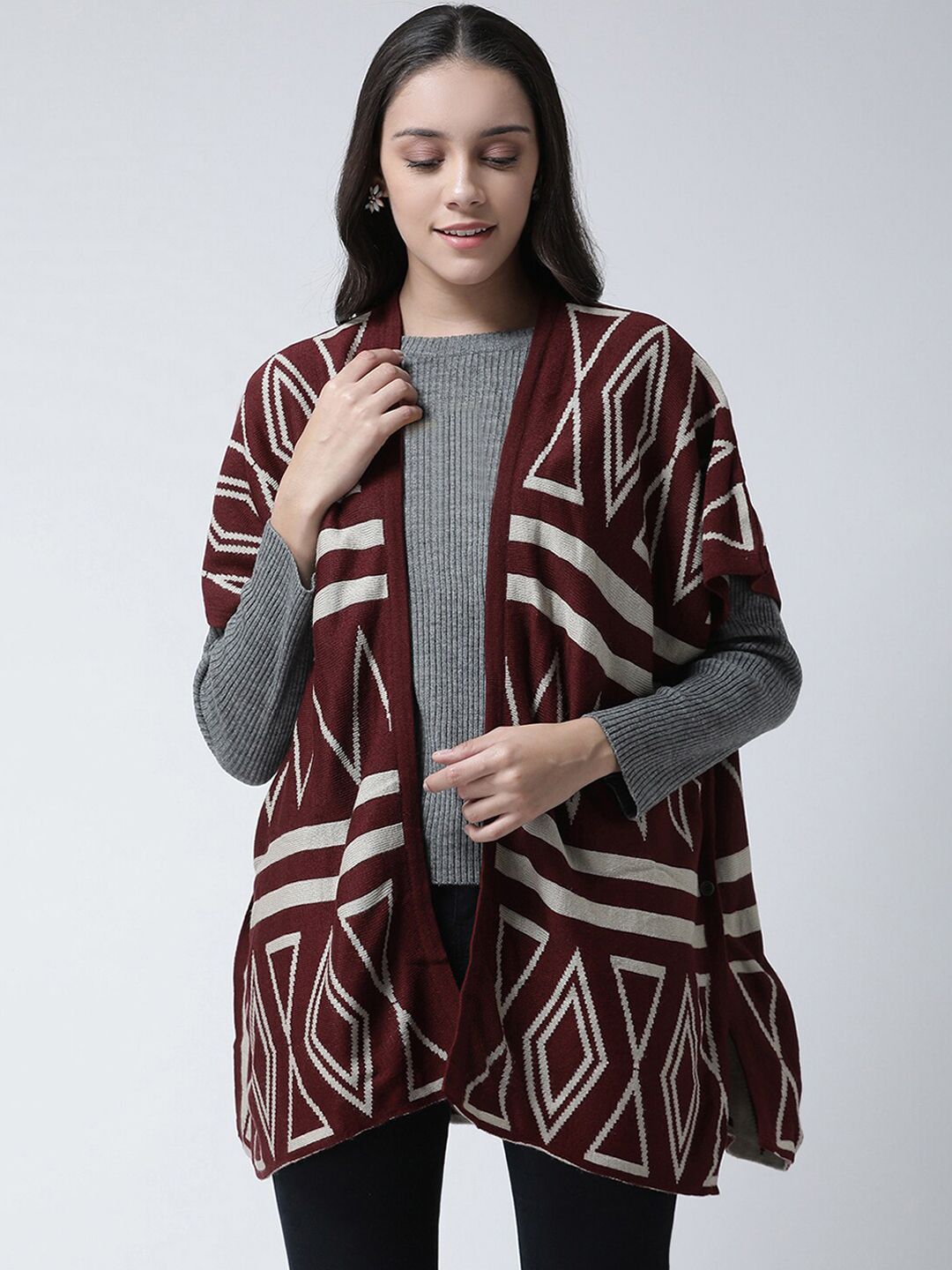 Club York Women Maroon Printed Open Front Acrylic Shrug