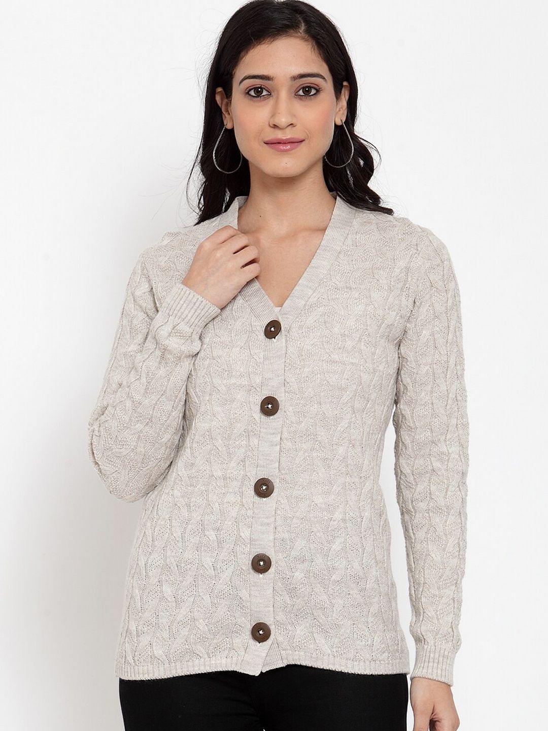 Kalt Women Acrylic Beige Self Design Cardigan Sweater