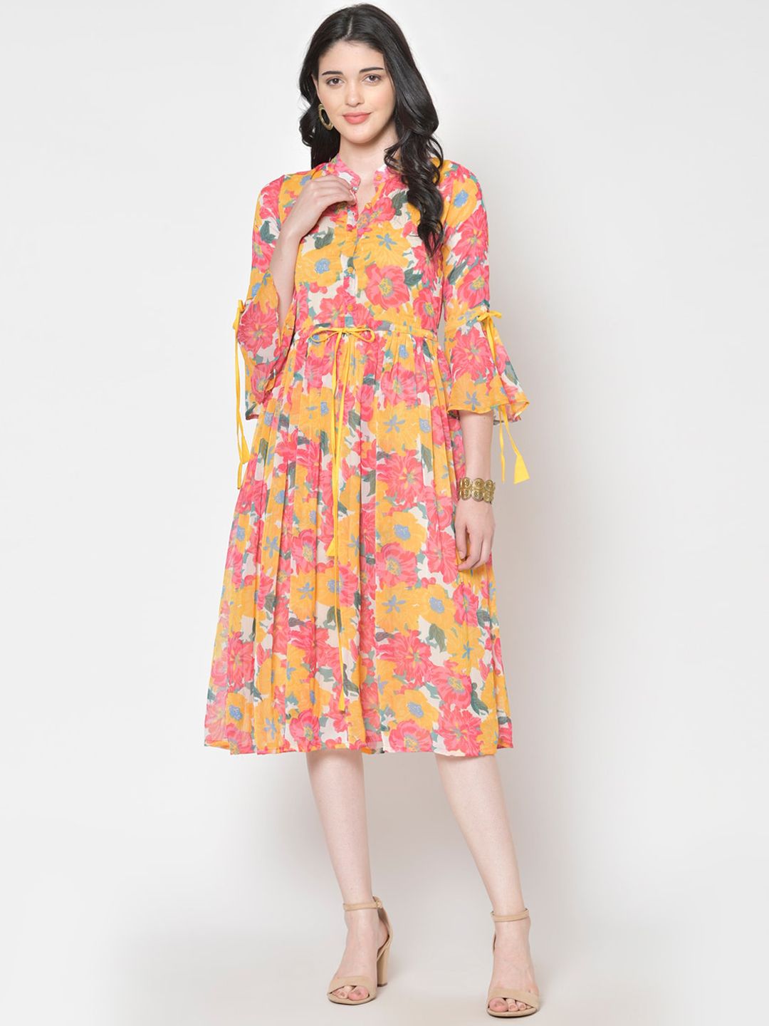 Cation Women Yellow Printed Fit and Flare Dress