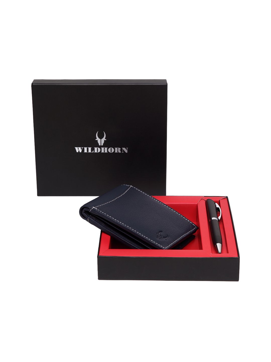 WildHorn Men Blue RFID Protected Genuine Leather Wallet & Pen Accessory Gift Set