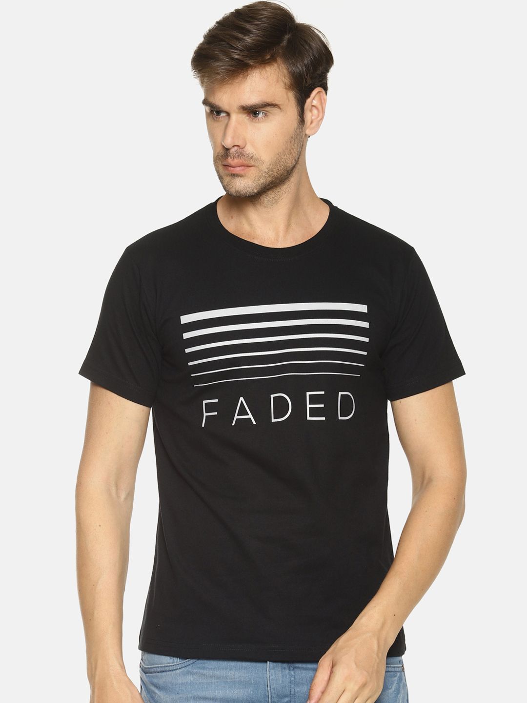 OBOW Men Black Printed Round Neck Pure Cotton T-shirt