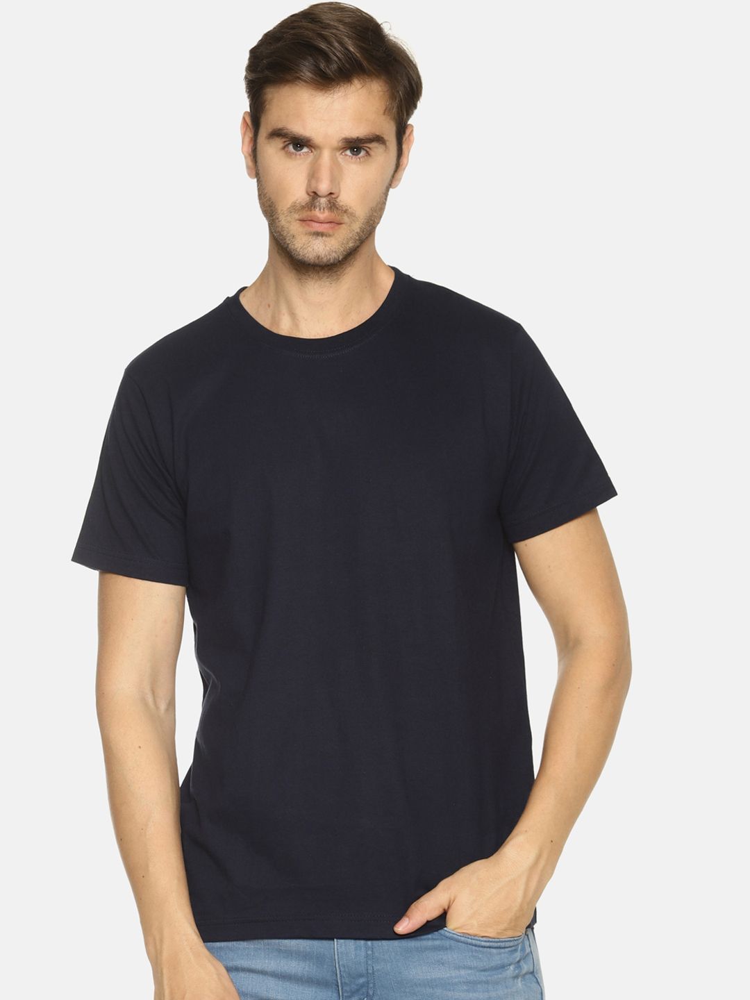 OBOW Men Navy Blue Solid Round Neck Pure Cotton T-shirt