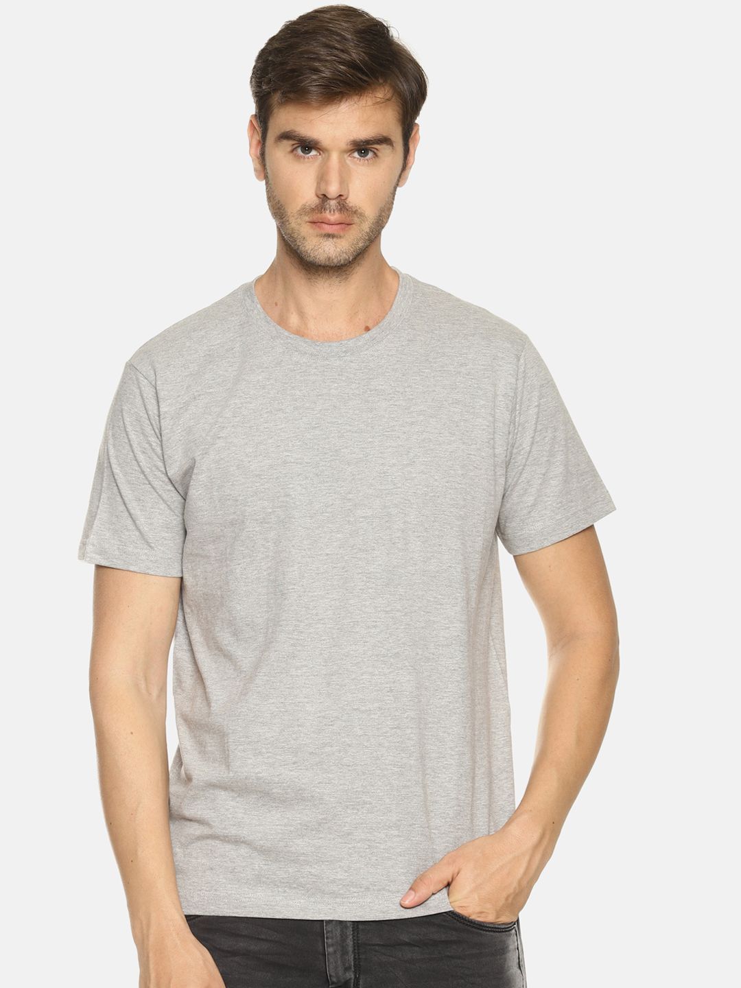 OBOW Men Grey Melange Solid Round Neck Pure Cotton T-shirt