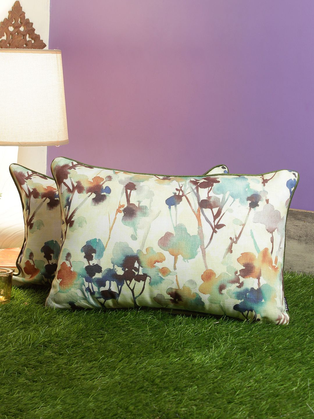 Soumya Digital Floral Jute Cotton Washable 2 Pcs Rectangle Cushion Covers - 12 x 18 In