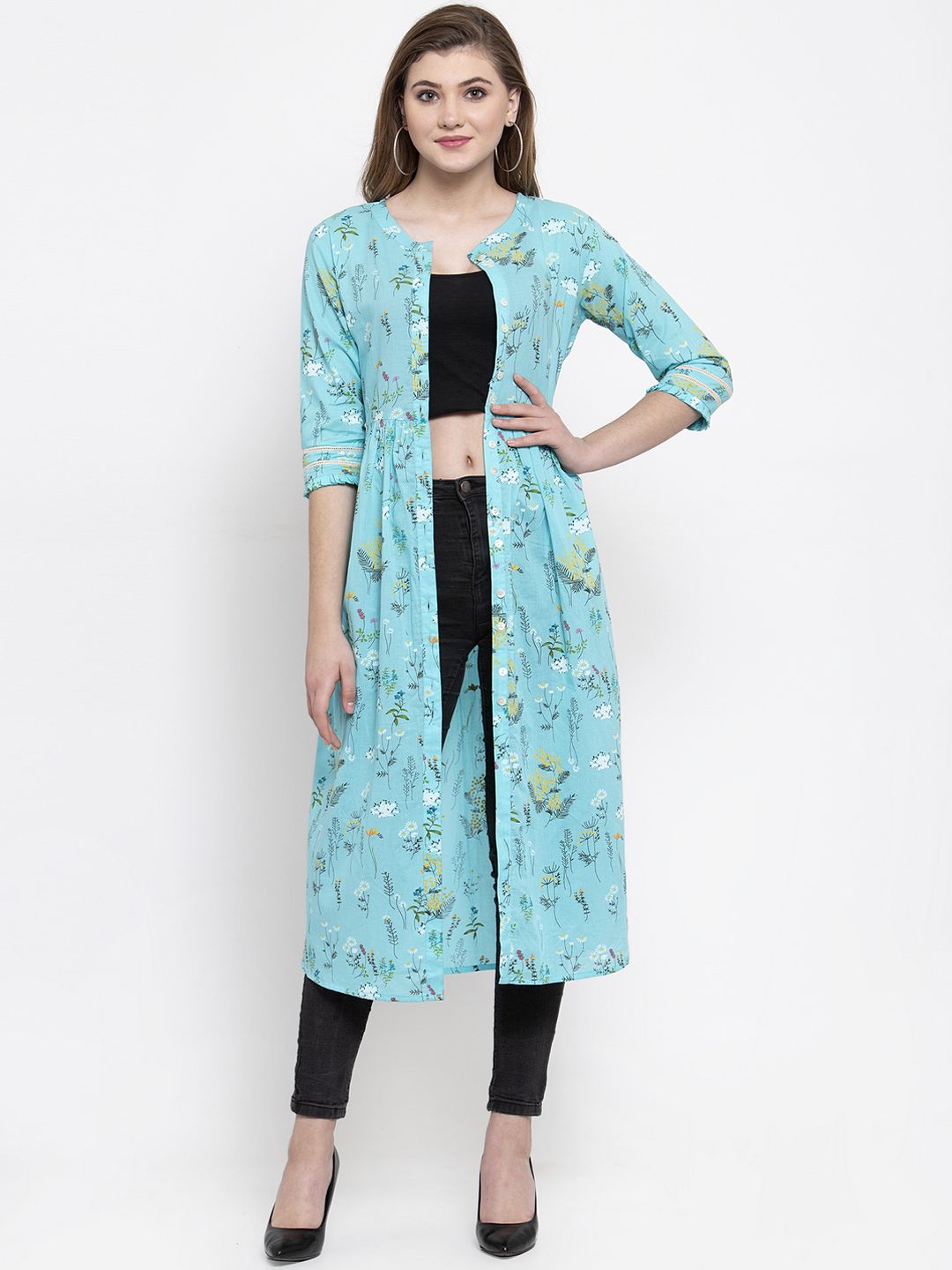 Indibelle Women Blue Printed Open Front Shrug