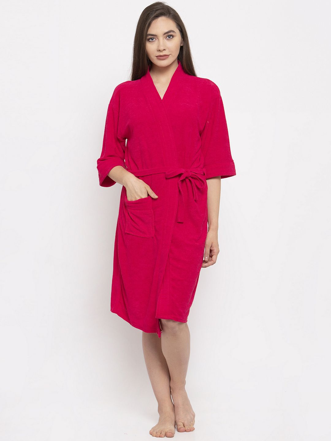 Buy ELEVANTO Bathstories Fuchsia Solid Terrycloth Drawstring Knee Length Bath Robe -  - Home for Women