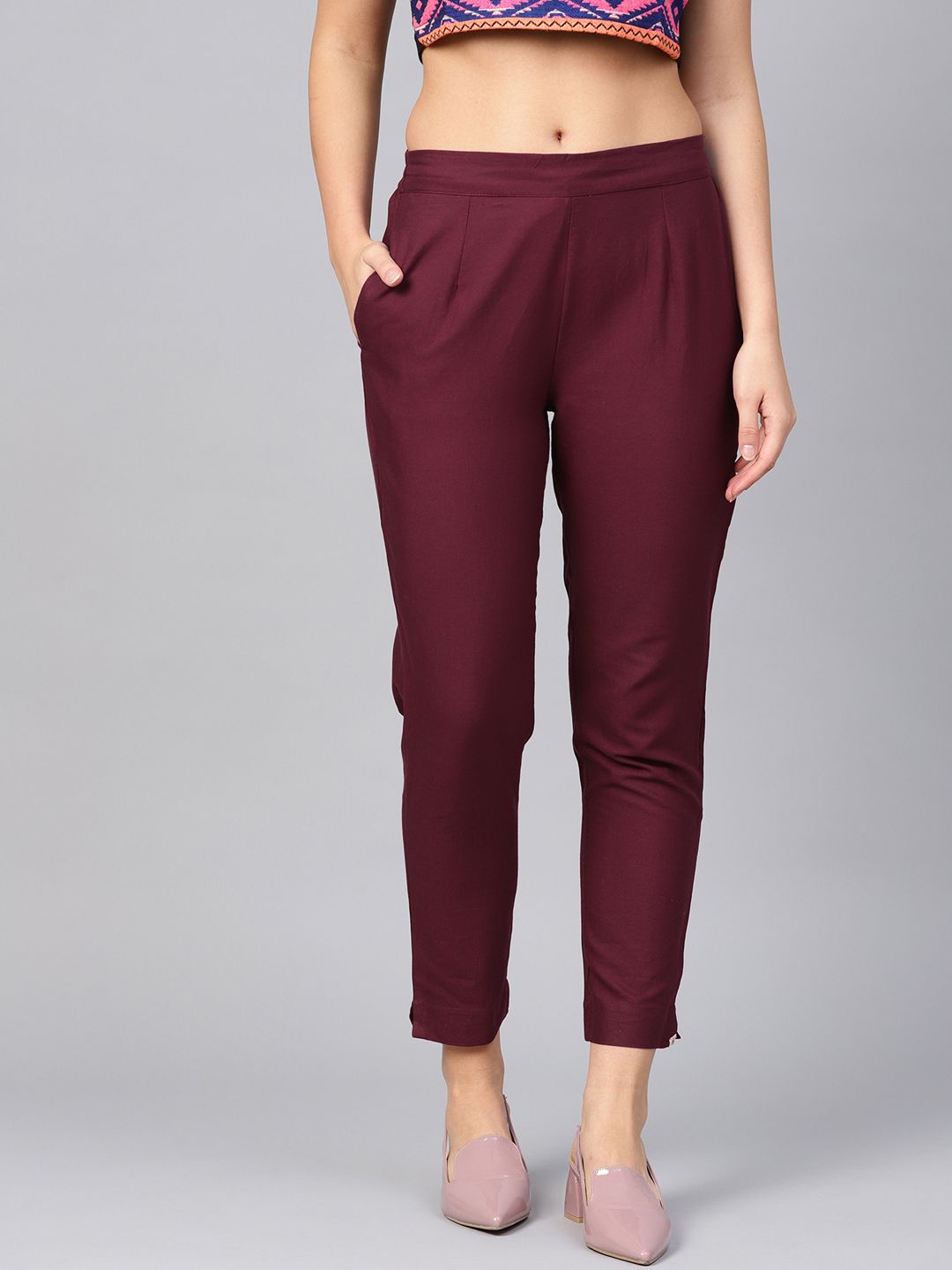 Burgundy Solid Cotton Flex Slim Fit Women Pants With Two Pockets