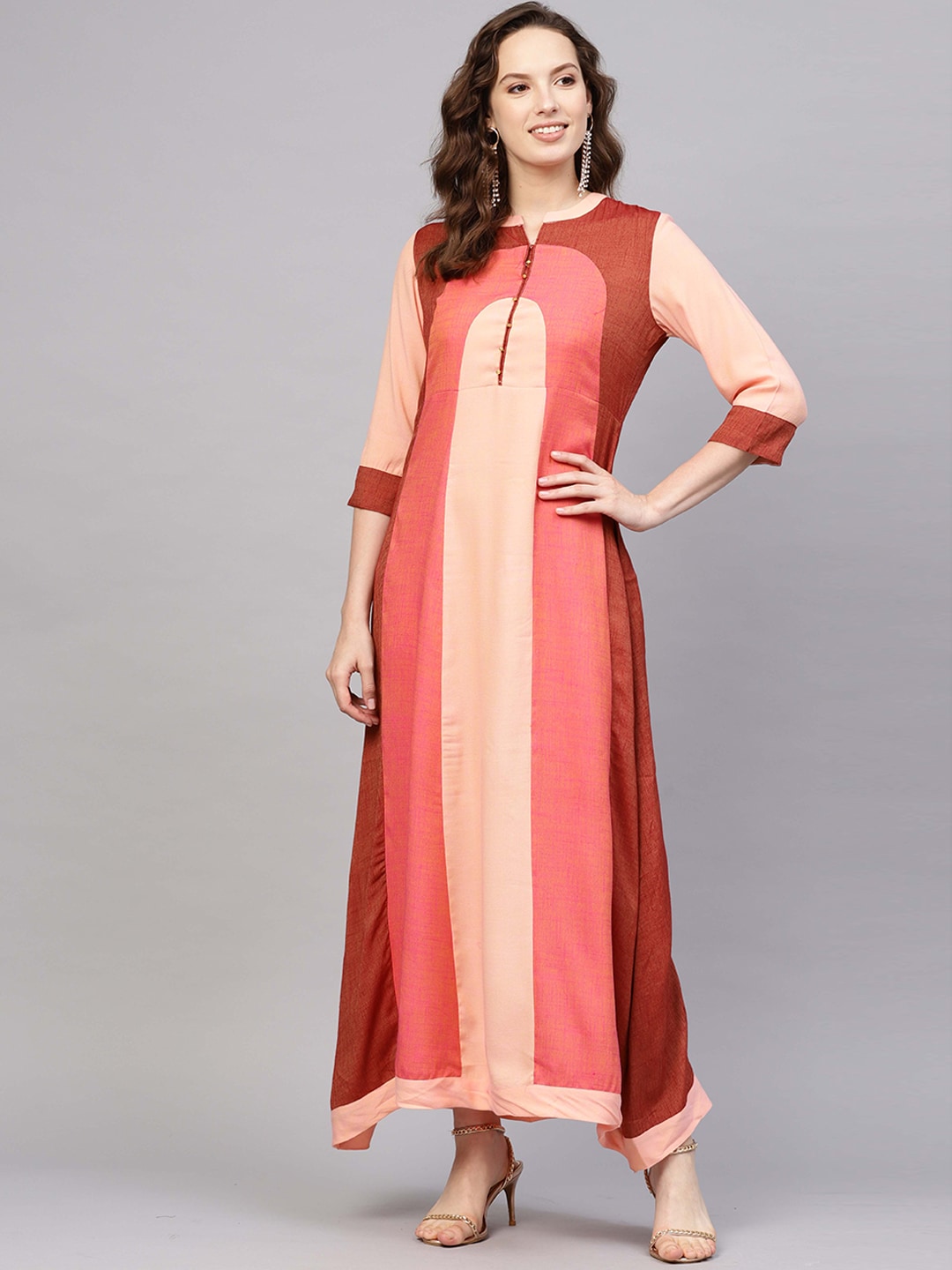 Indo Era Women Pink & Peach-Coloured Colourblocked A-Line Kurta