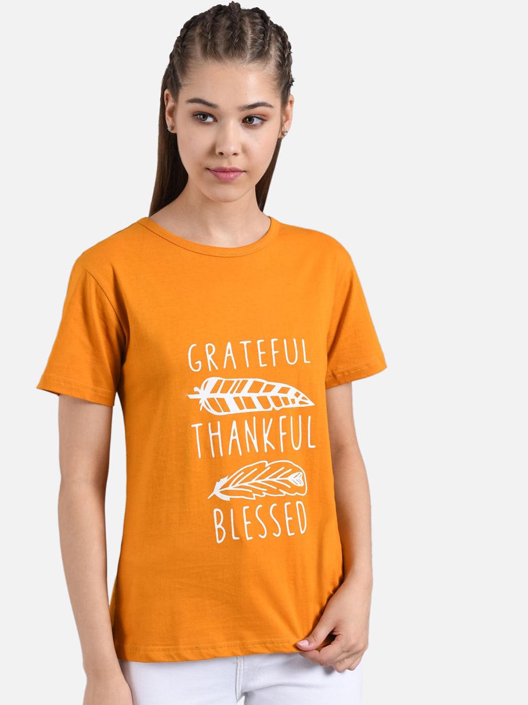 Kotty Women Orange Printed Round Neck T-shirt