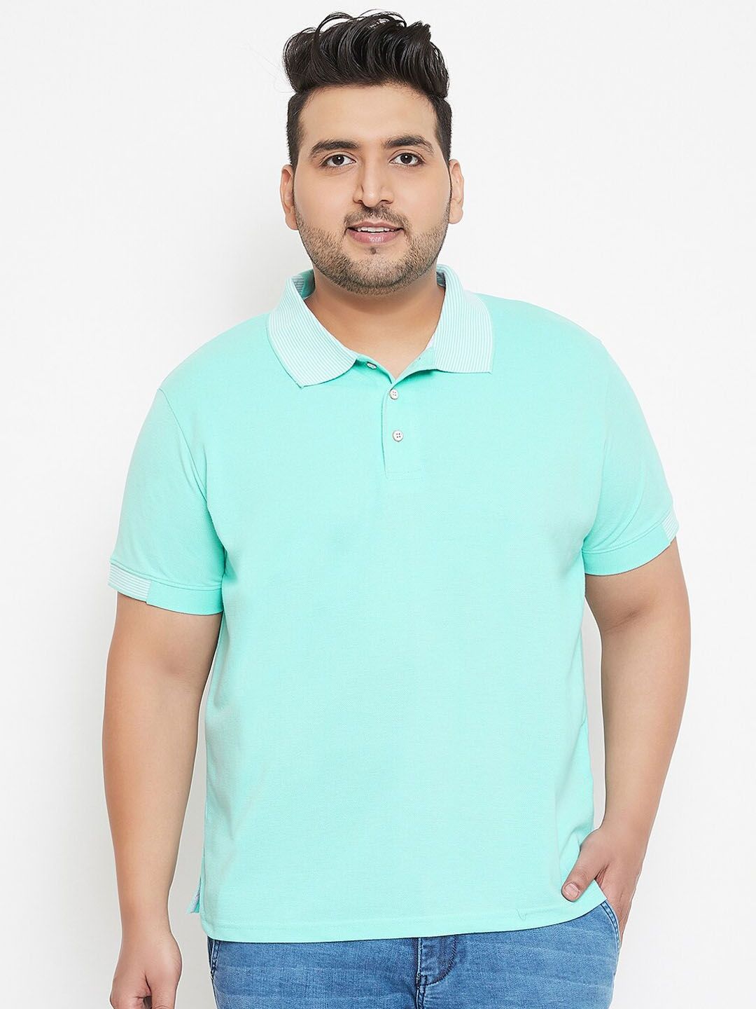 Instafab Plus Size Men Sea Green Solid Polo Collar T-shirt