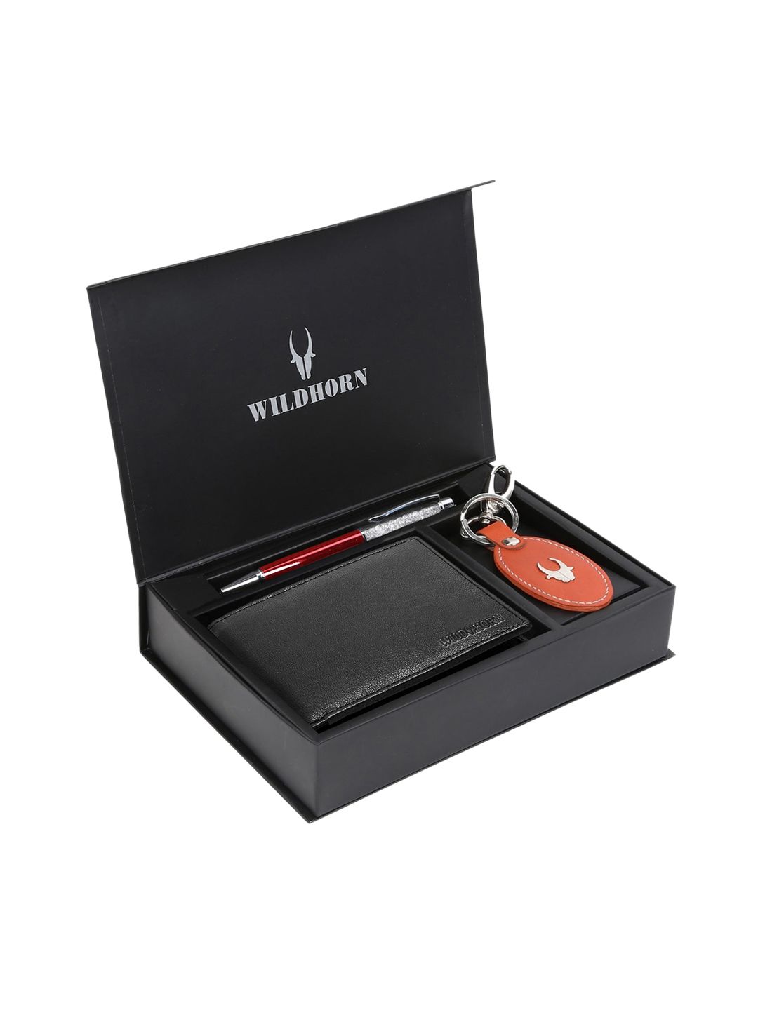WildHorn Men Black & Orange RFID Protected Genuine Leather Accessory Gift Set