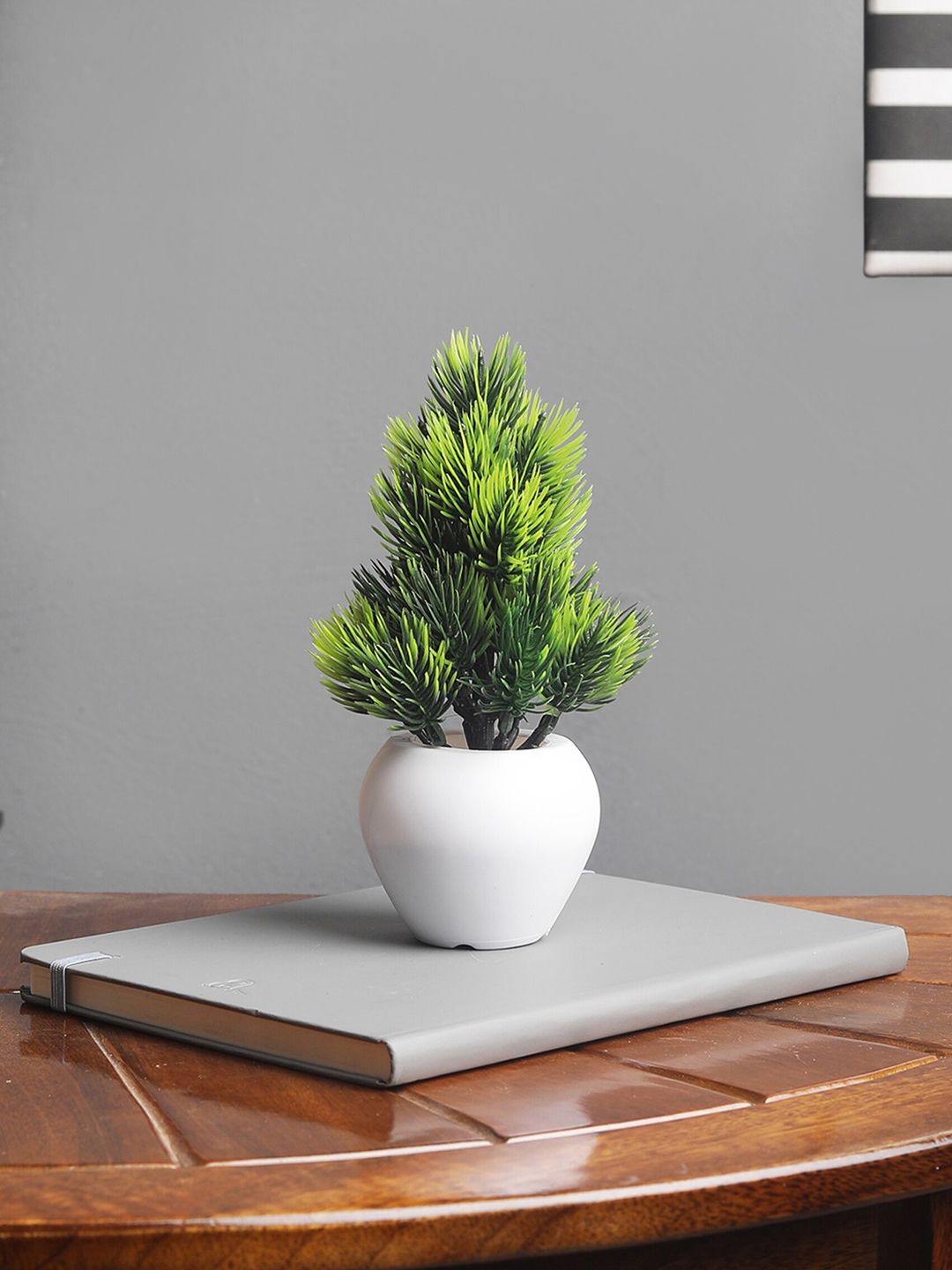 FOLIYAJ Green Artifical Mini Pine Tree With Leaves & White Pot