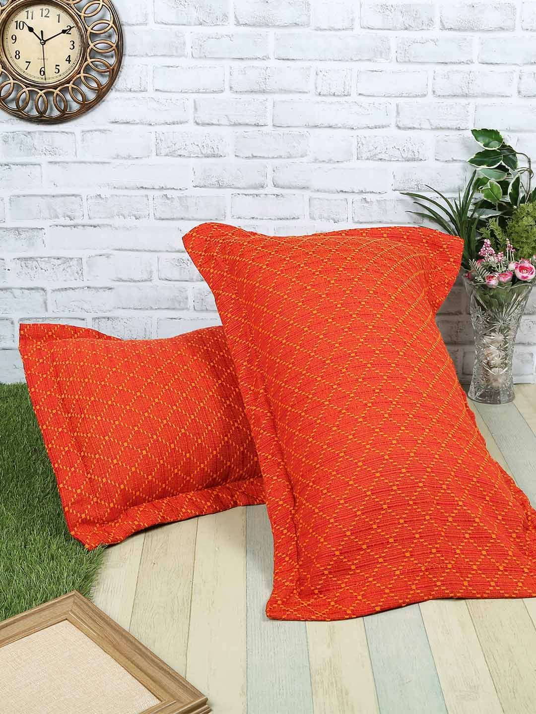 Soumya Set Of 2 Rust Orange & Yellow Woven Design Pillow Covers