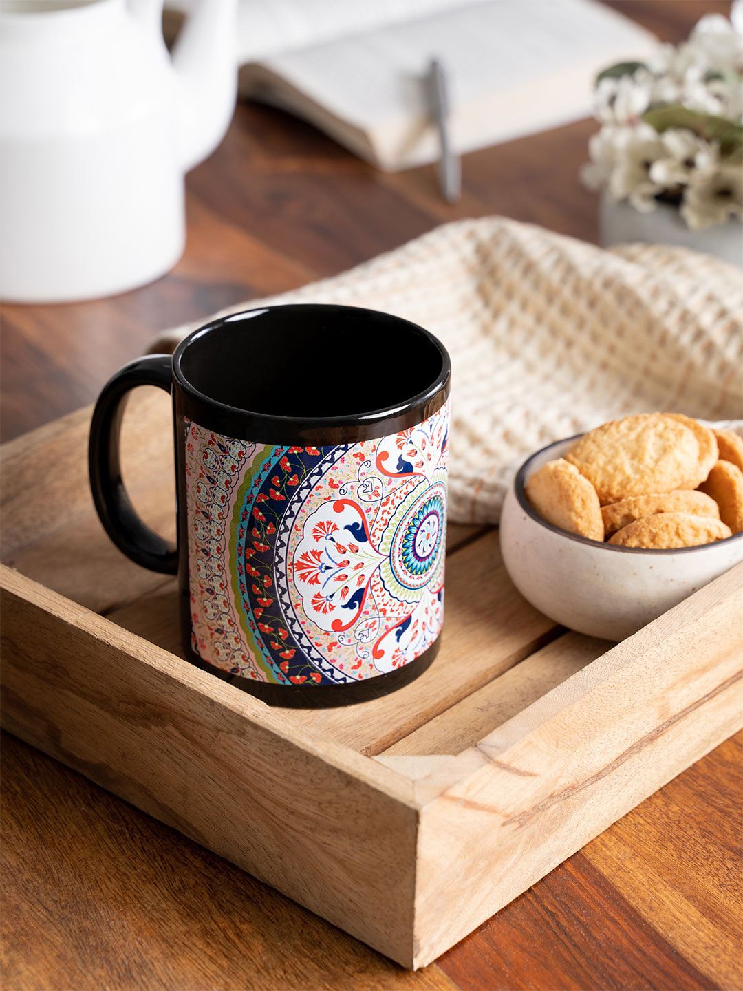 KOLOROBIA Mummy Ka Mug Kripya Dur Rahein Black Ethnic Motifs Ceramic Handmade Mug-325ml