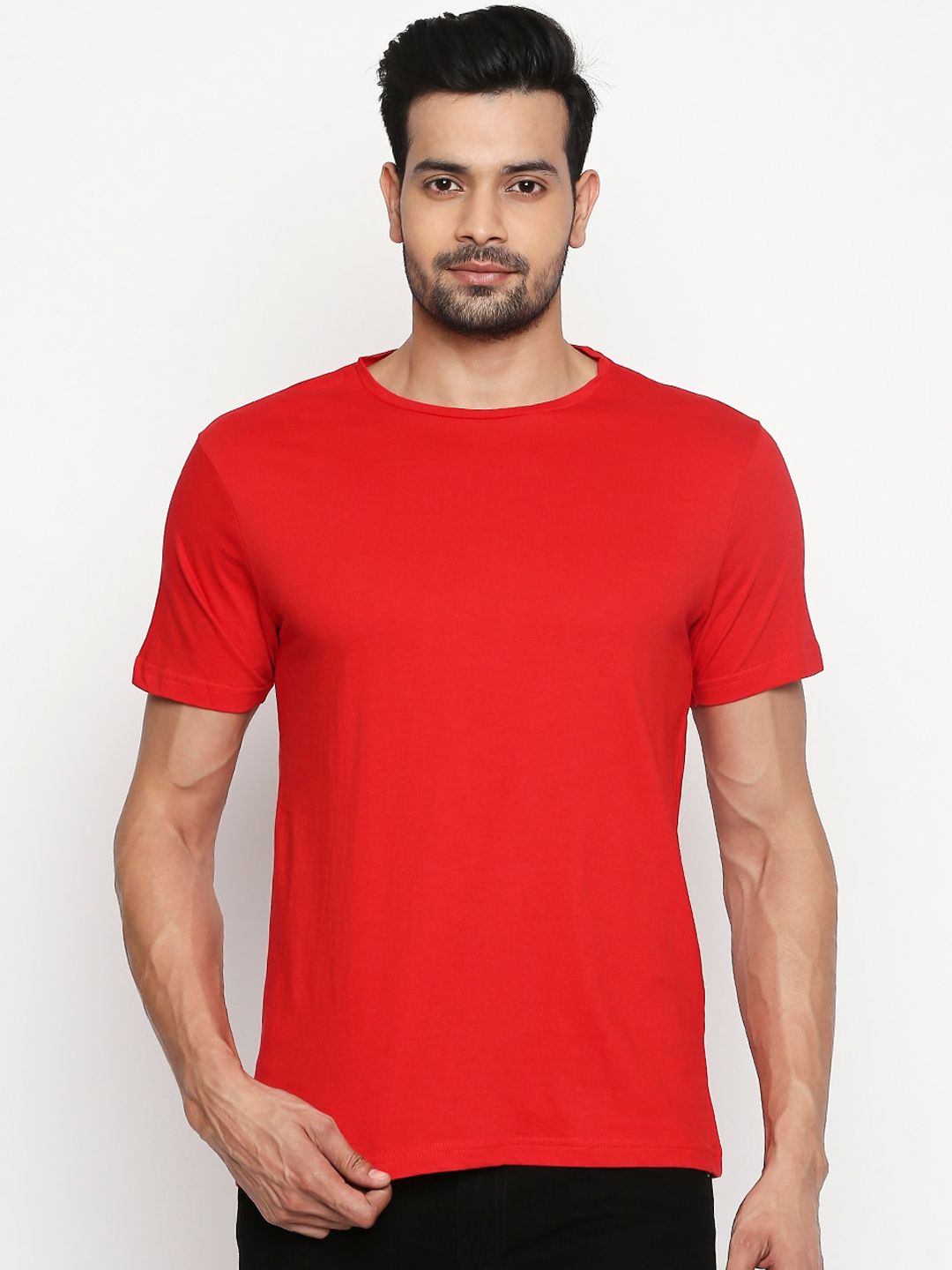 People Men Red Solid Round Neck Pure Cotton T-shirt