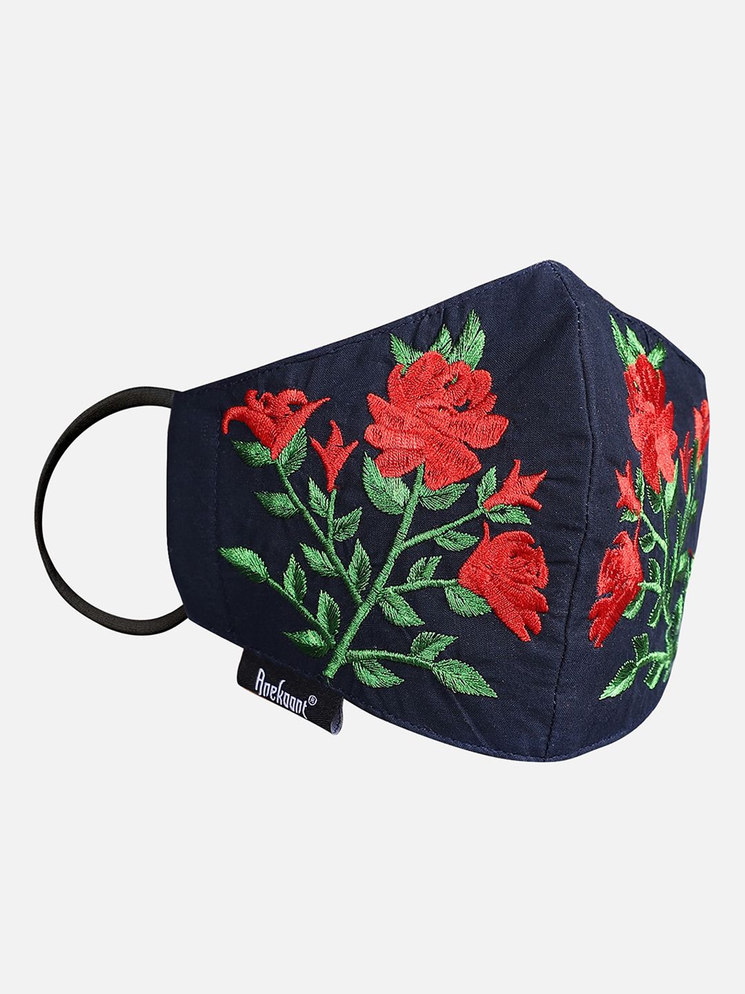 Anekaant Women Navy Blue & Red Floral Embroidered 3-Ply Reusable Fabric Fashion Mask