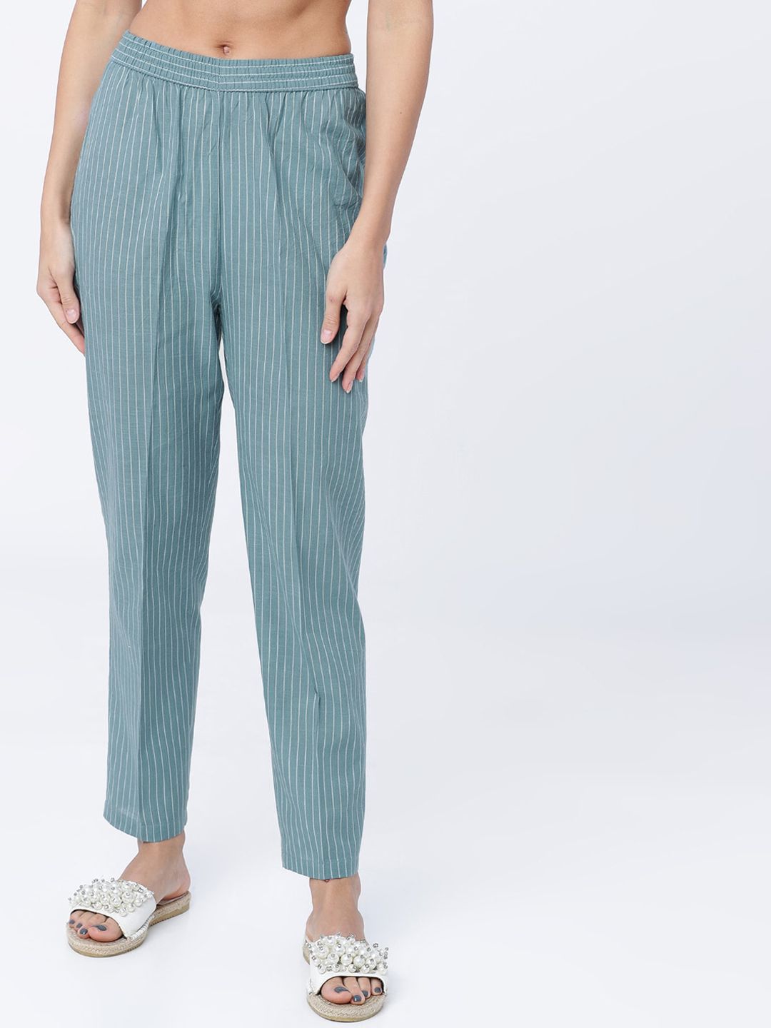 Vishudh Women Green & White Striped Straight Palazzo