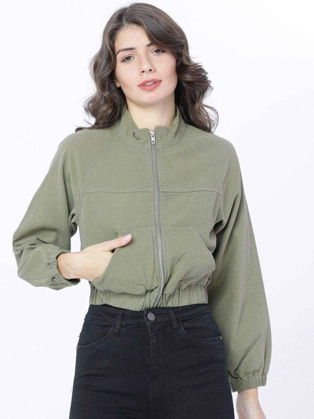 Tokyo Talkies Women Olive Green Solid Bomber