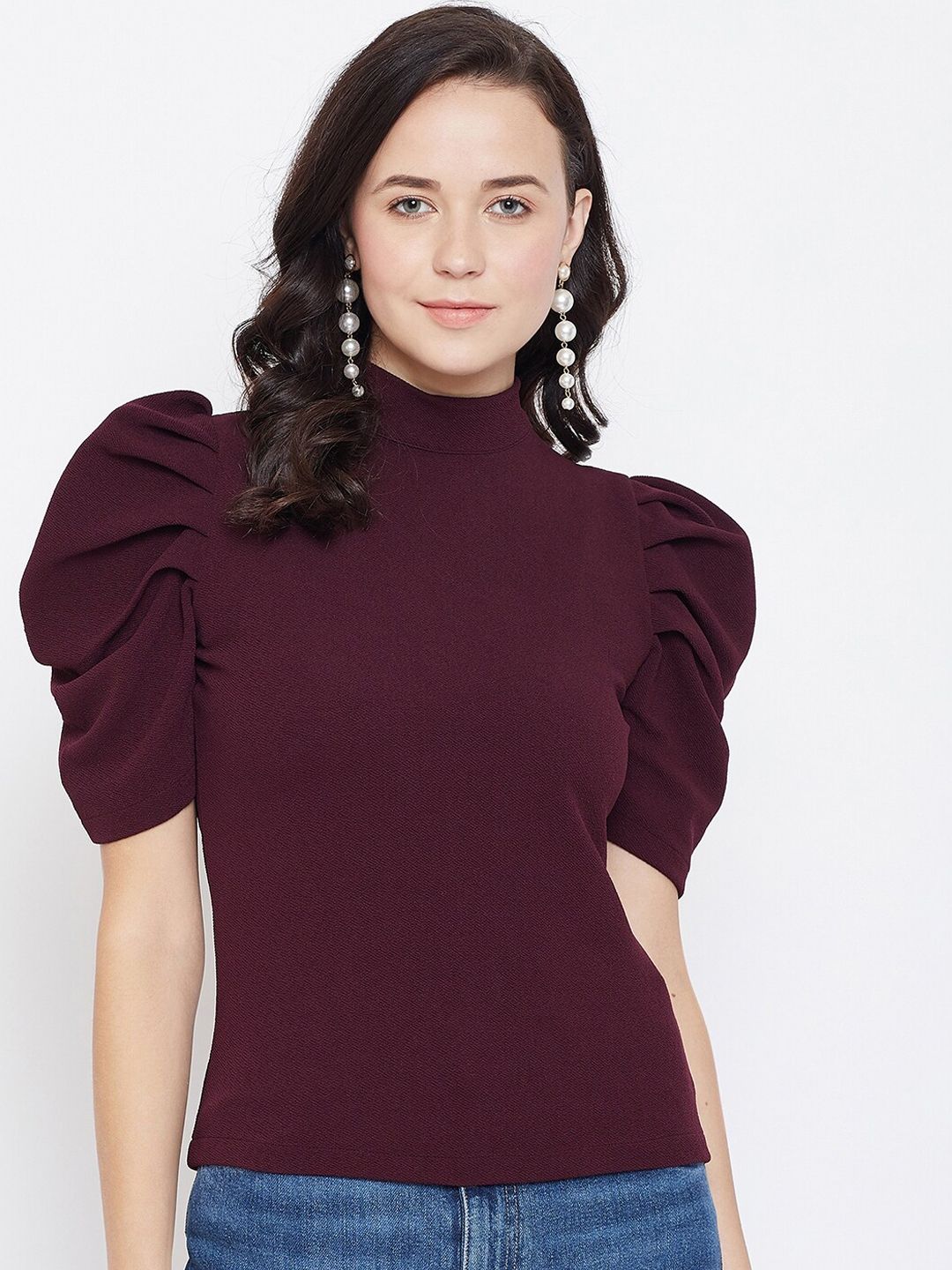 Zastraa Burgundy Top With Puff Sleeves