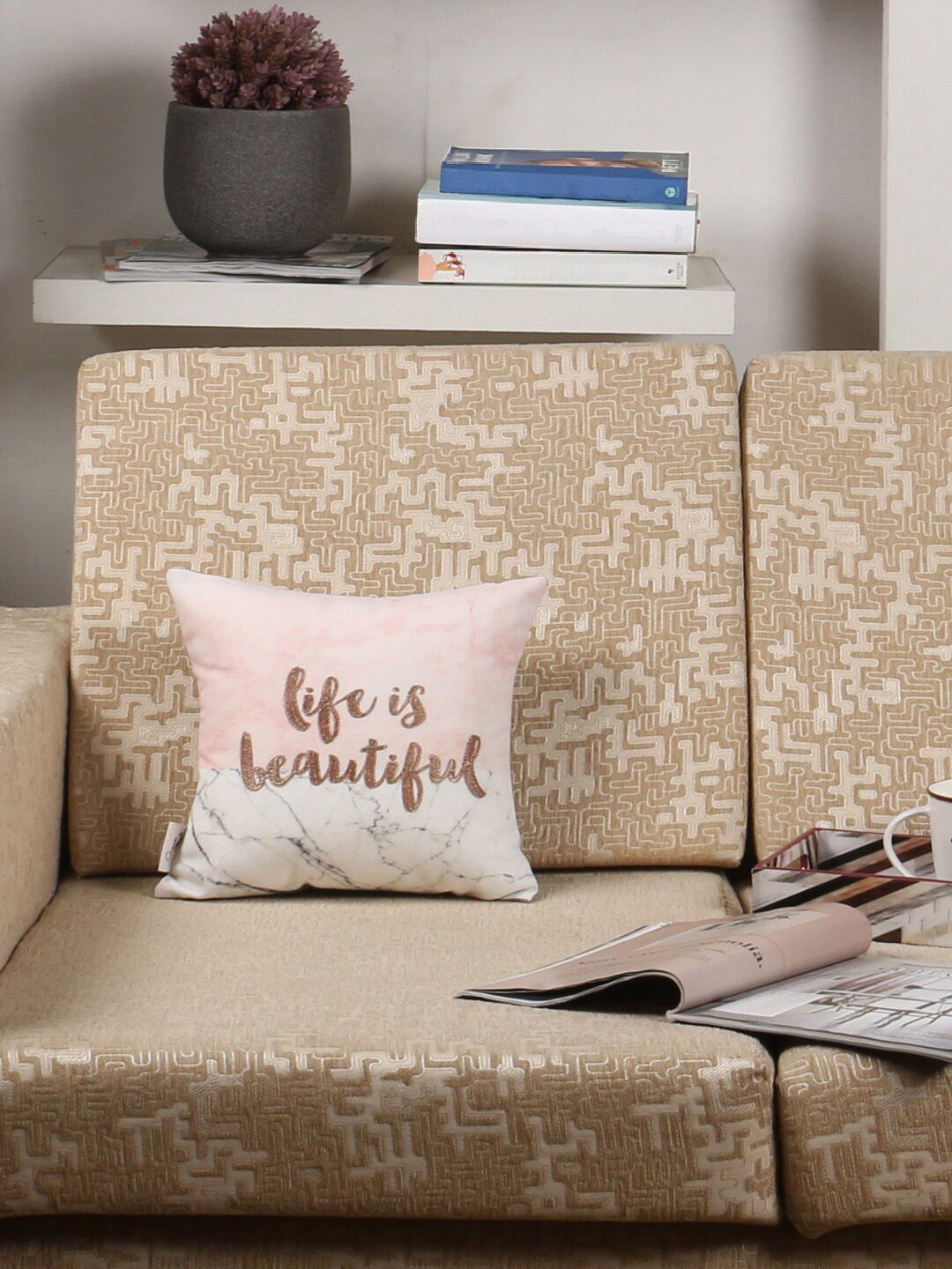 Sivya Pink & White Set of Single Embroidered Square Cushion Covers