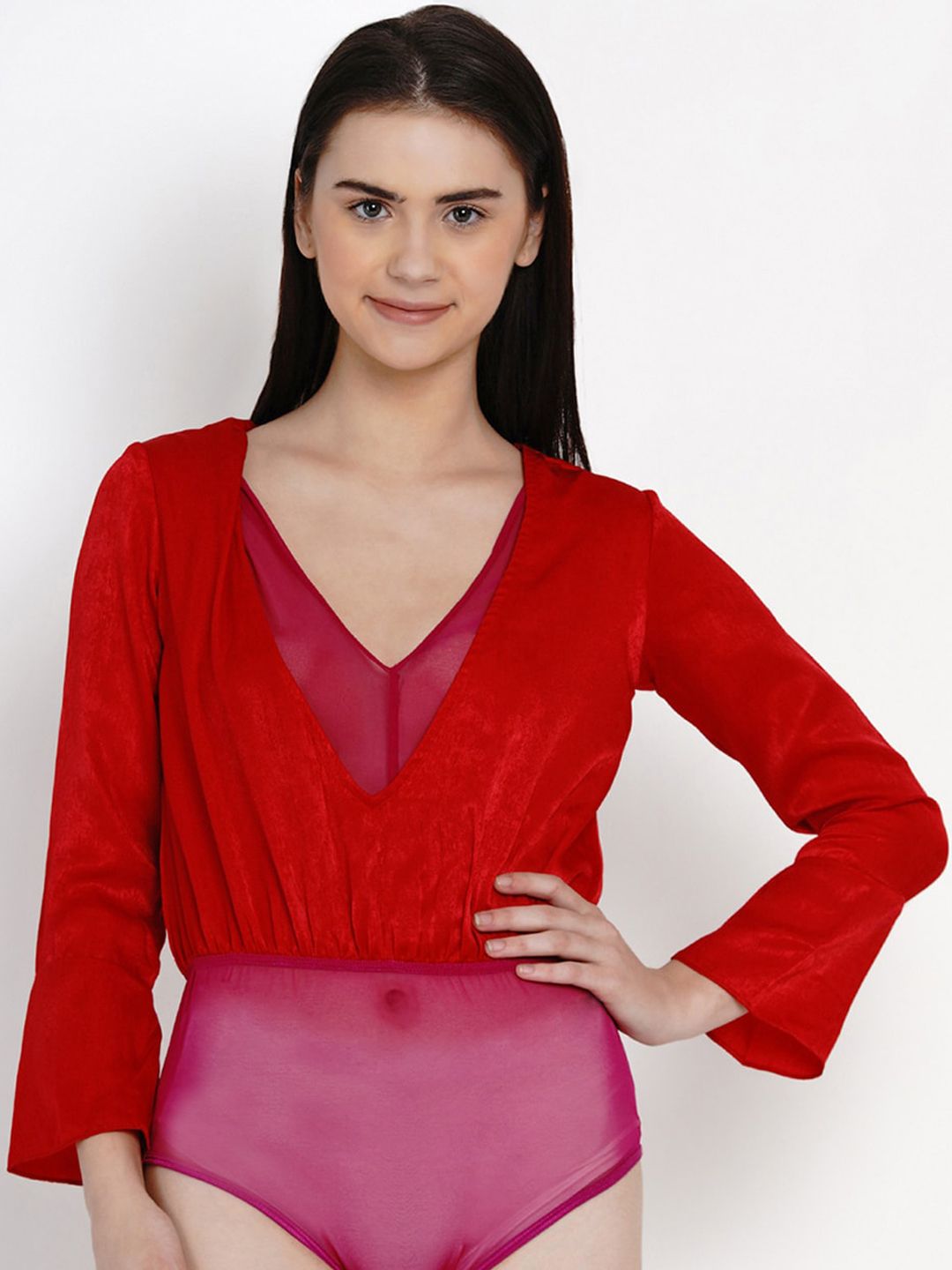 Aoba Women Red & Magenta Pink Solid Bodysuit