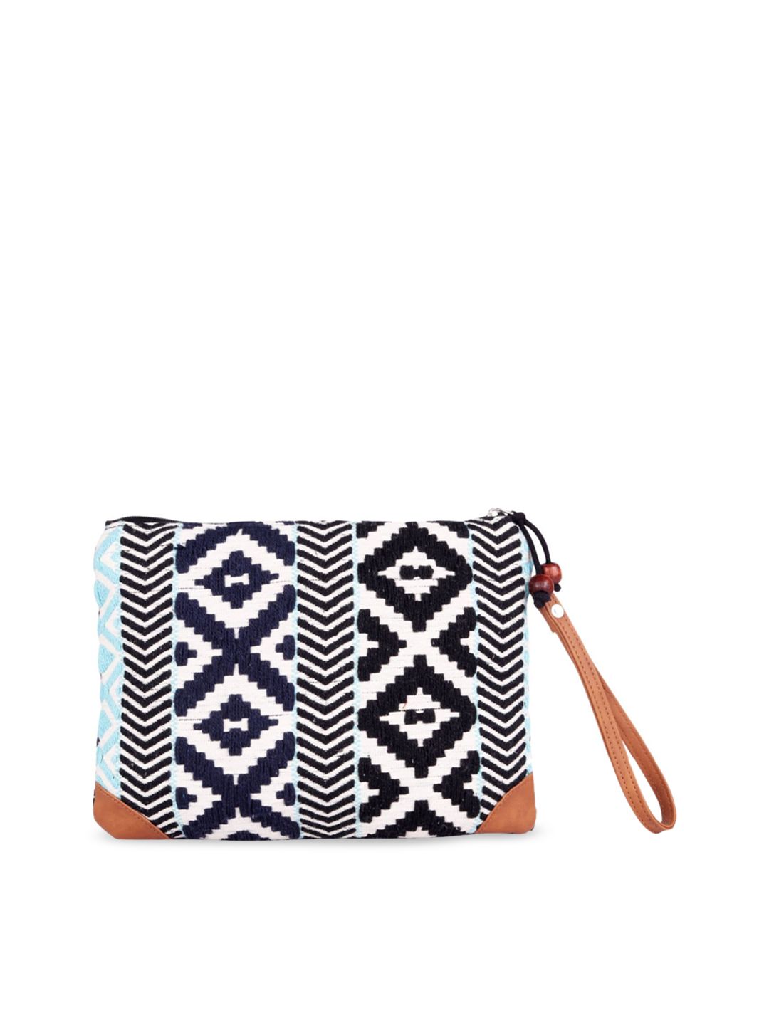 ASTRID Women White & Black Textured Cotton Makeup Travel Pouch With Tassels