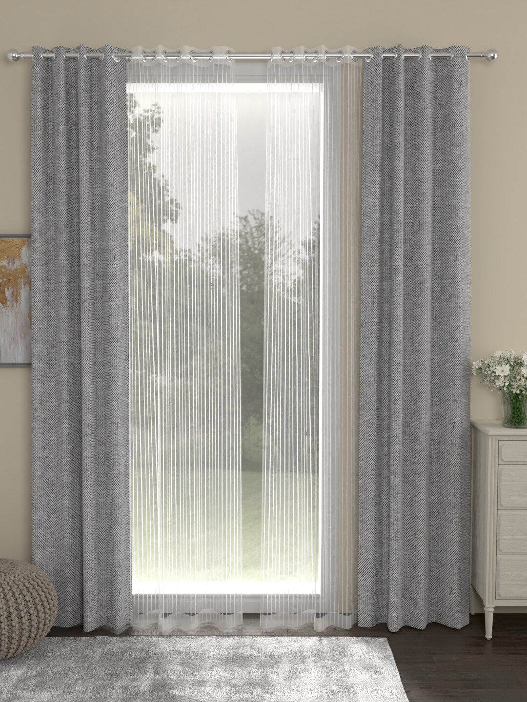 Buy ROSARA HOME Grey And White Set Of 4 Solid Regular And Sheer Long Door Curtains -  - Home for Unisex