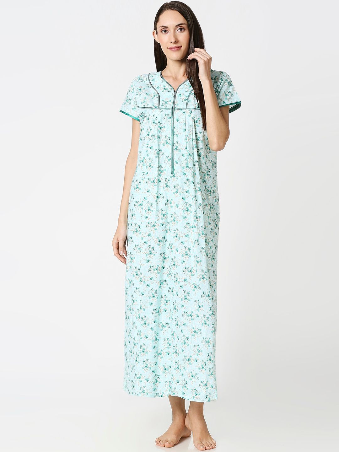 AV2 Sea Green Printed Maternity Nursing Nightdress