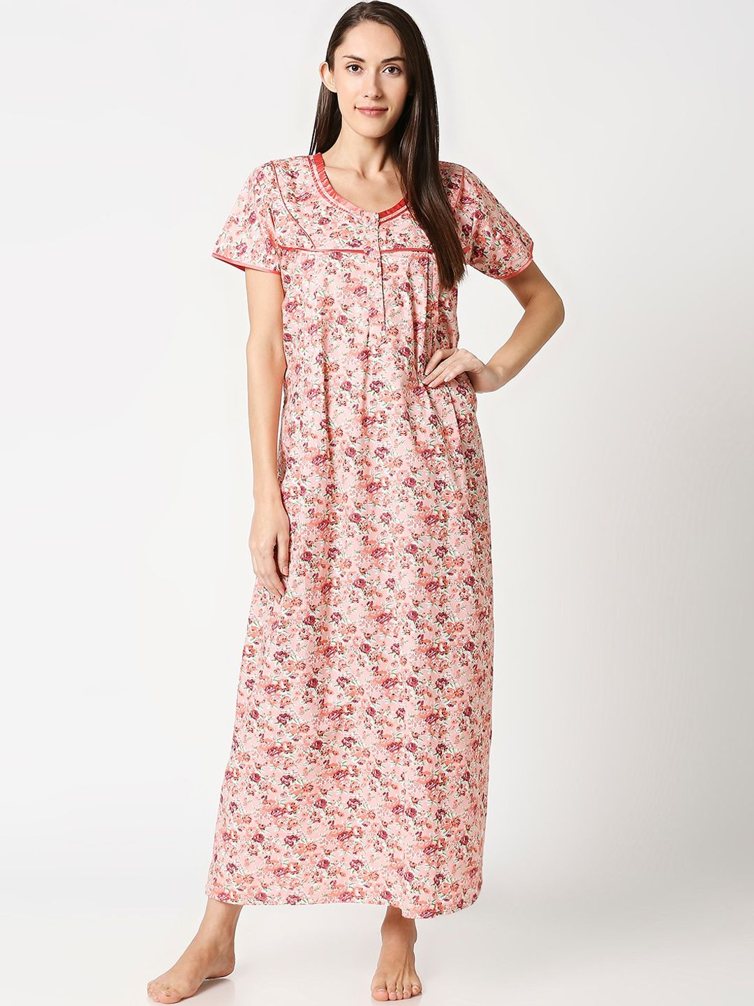 AV2 Peach-Coloured & Green Printed Maternity Nightdress