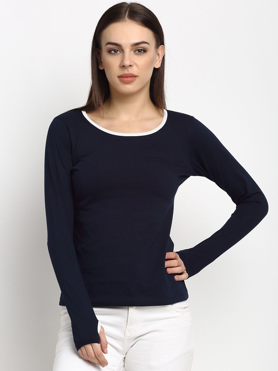 Rute Women Blue Solid Round Neck T-shirt