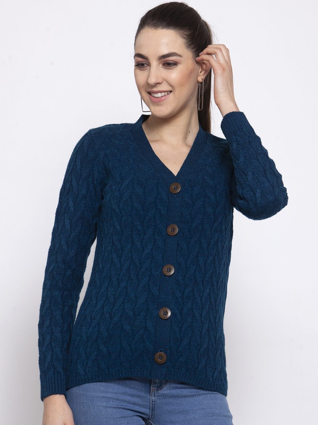 Kalt Women Teal Blue Self Design Cardigan Sweater