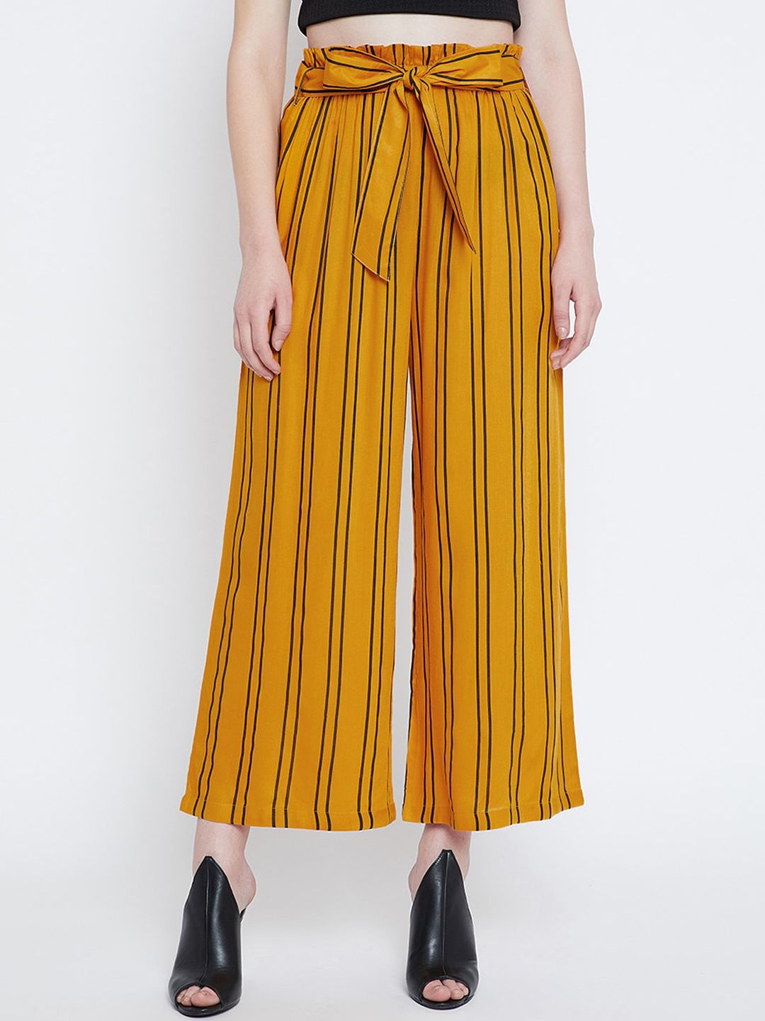 Zastraa Women Mustard & Black Striped Flared Palazzos