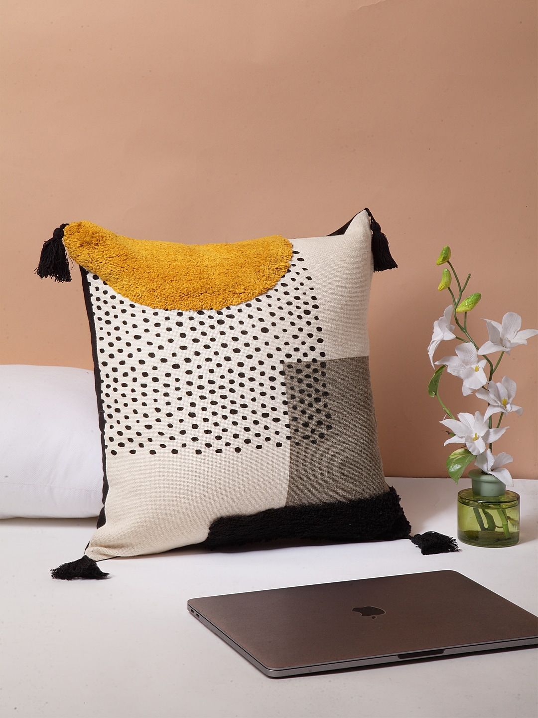 BLANC9 White & Black Single Self Design Square Cushion Covers
