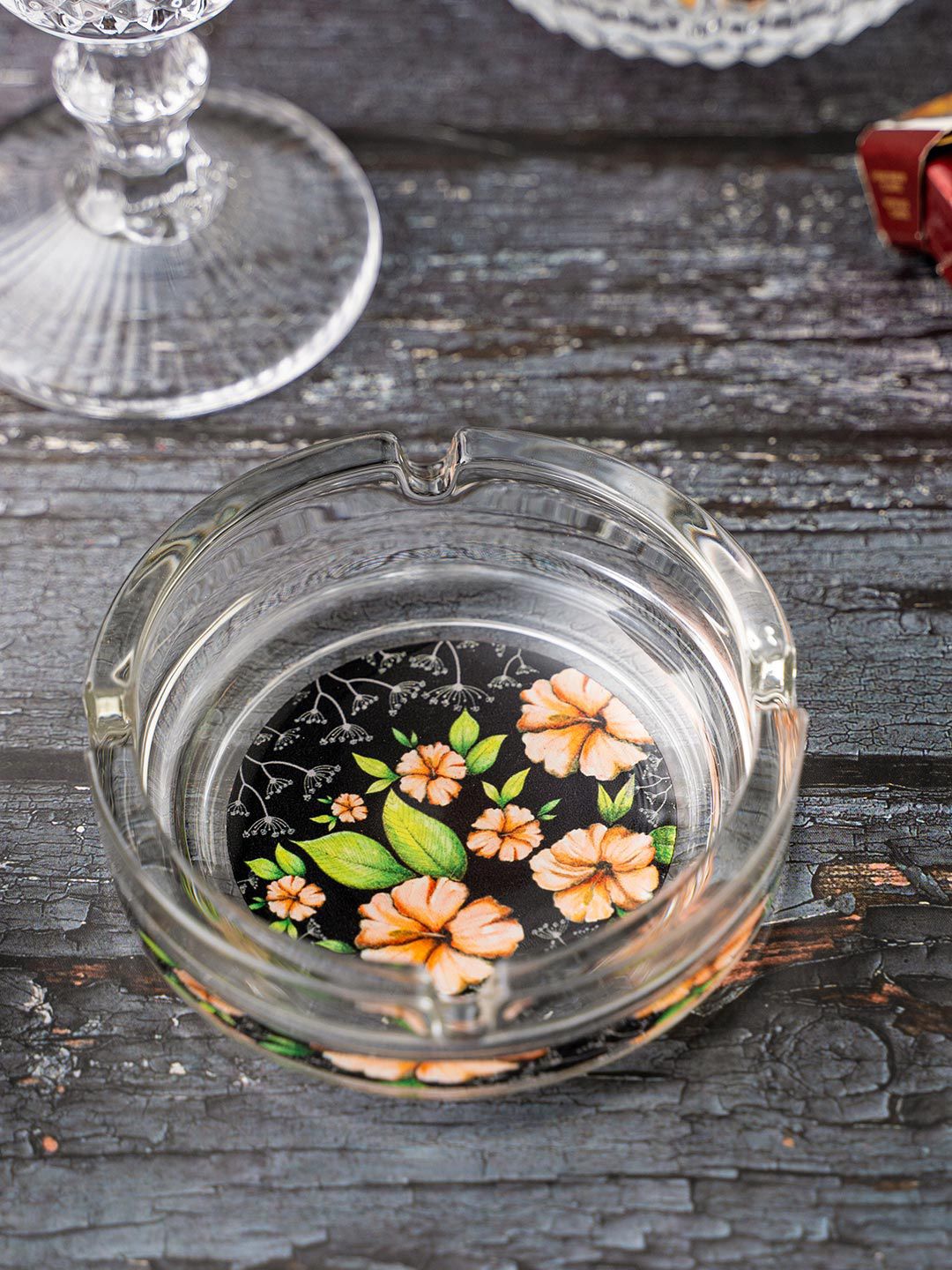 KOLOROBIA Transparent & Black Floral Passion Hibiscus Glass Ashtray