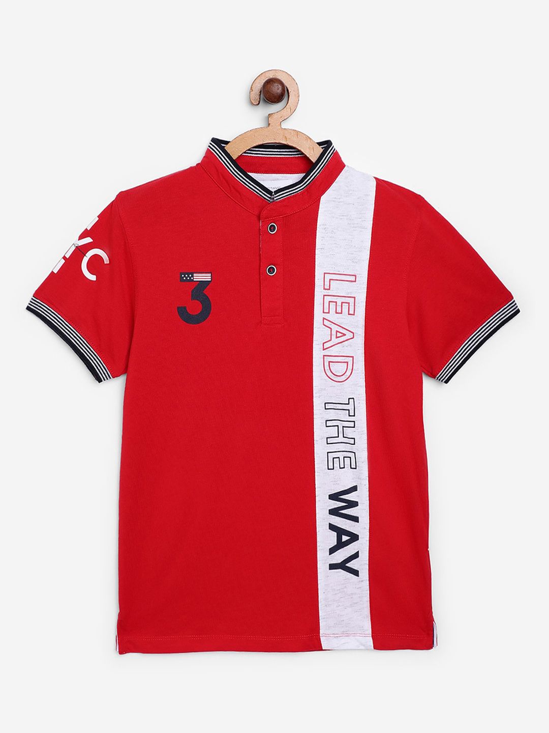 Octave Boys Red Printed Mandarin Collar T-shirt