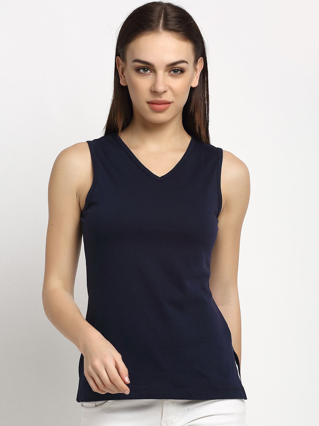 Rute Women Navy Blue Solid V-Neck T-shirt