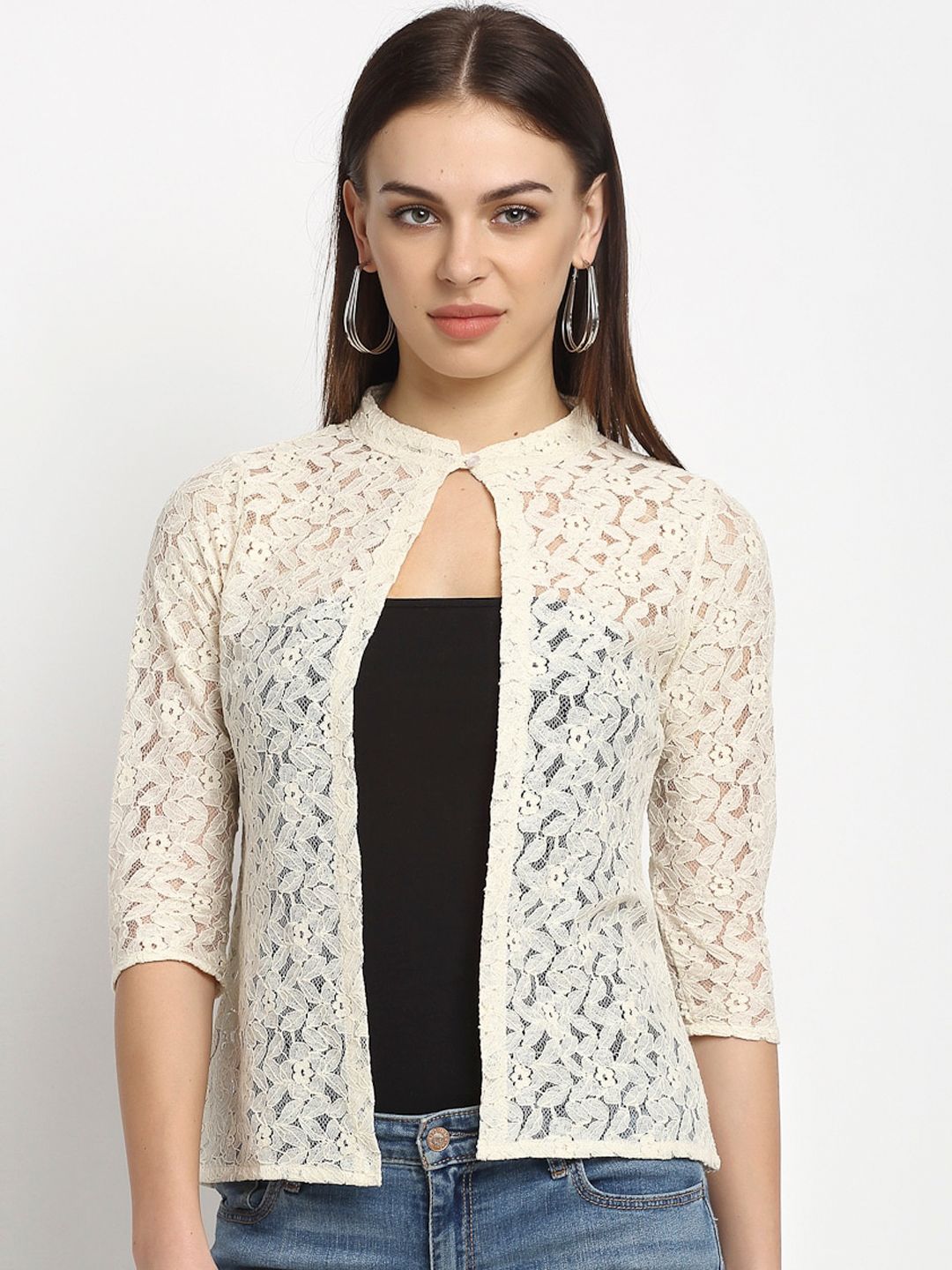 Rute Women Cream-Coloured Self Design Cotton Button Shrug