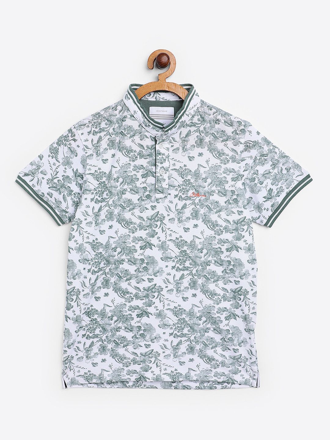 Octave Boys Olive Green Printed Mandarin Collar T-shirt