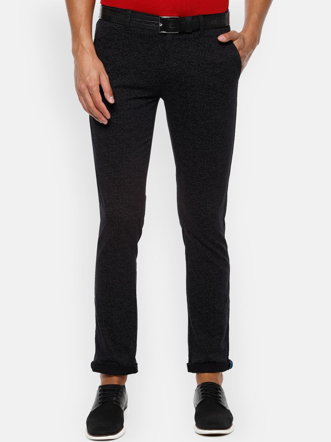 Van Heusen  Men Black Slim Fit Self Design Regular Trousers