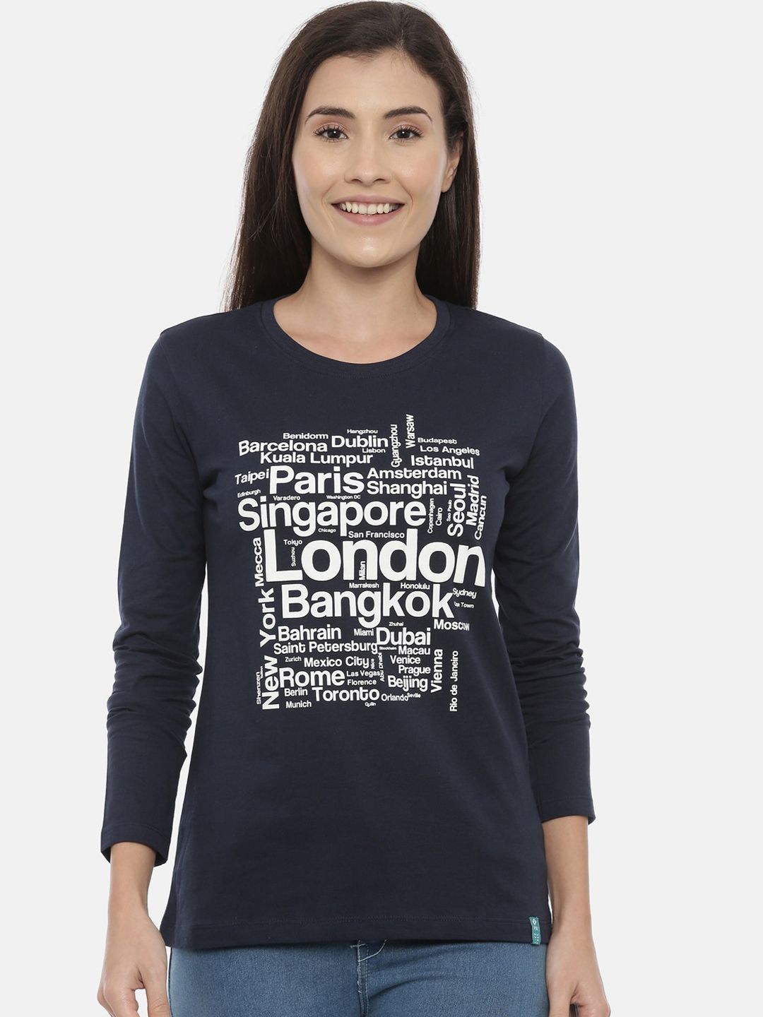 3PIN Women Navy Blue Printed Round Neck T-shirt