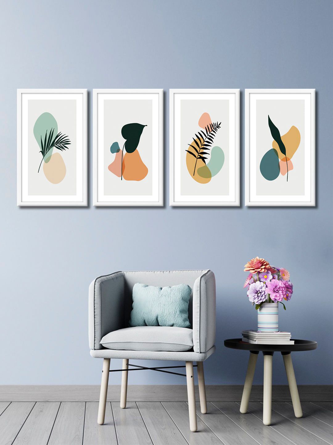 999Store Set of 4 Grey & Orange Leaves Canvas Framed Wall Paintings