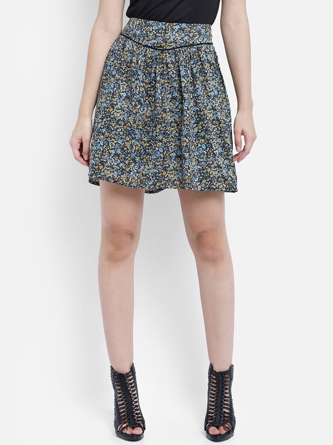 Aditi Wasan Women Blue & Mustard Yellow Floral Printed A-Line Mini Skirt