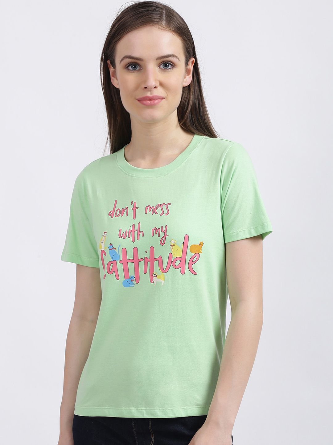 Zink London Women Green Pink Printed Round Neck Cotton Pure T-shirt