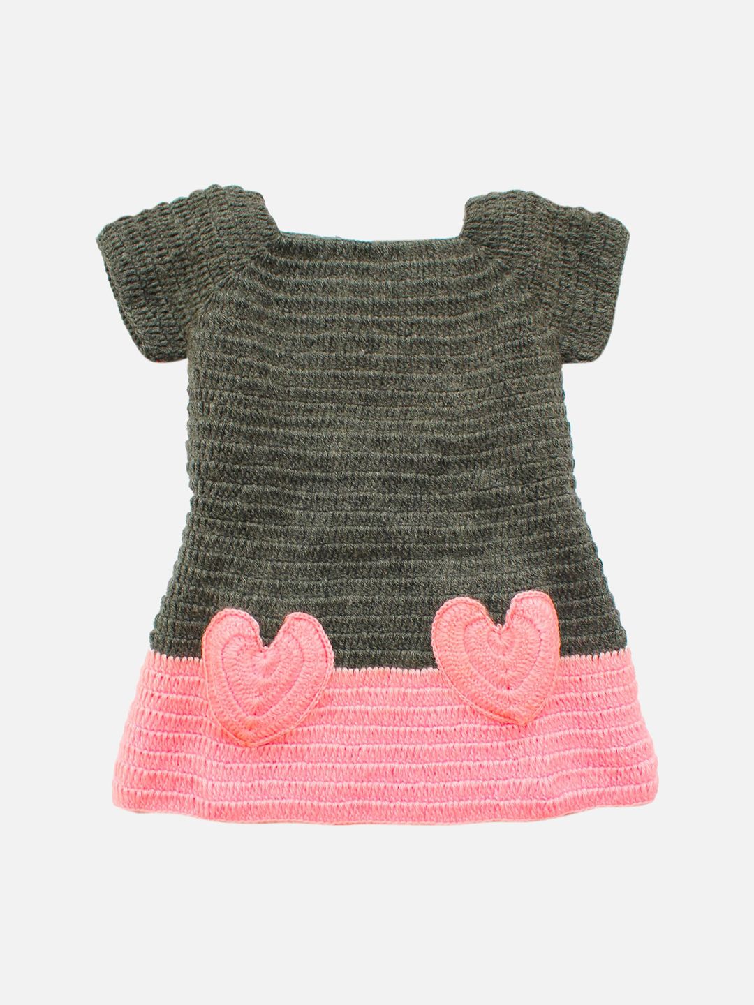 Woonie Girls Grey & Pink Self Design Handmade Sweater Dress