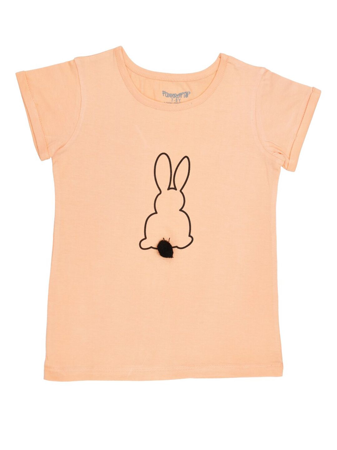 FUNKRAFTS Girls Peach-Coloured  Black Bunny Print Round Neck Pure Cotton T-shirt