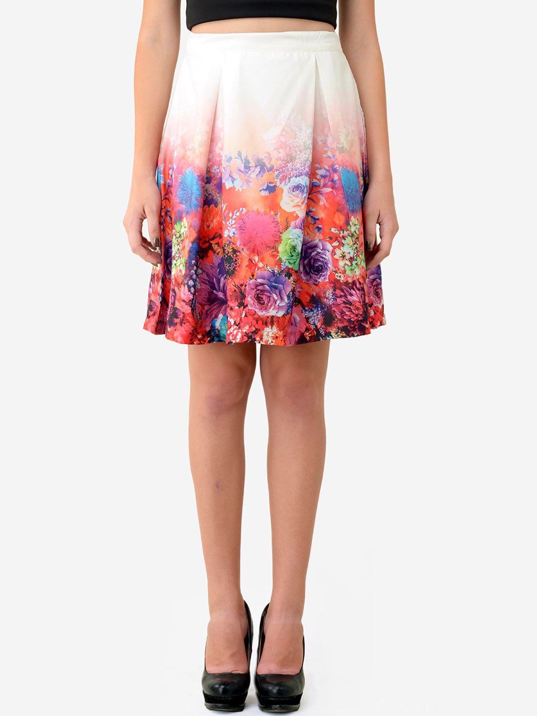 V&M Women White & Pink Floral Printed Flared Knee-Length Skirt